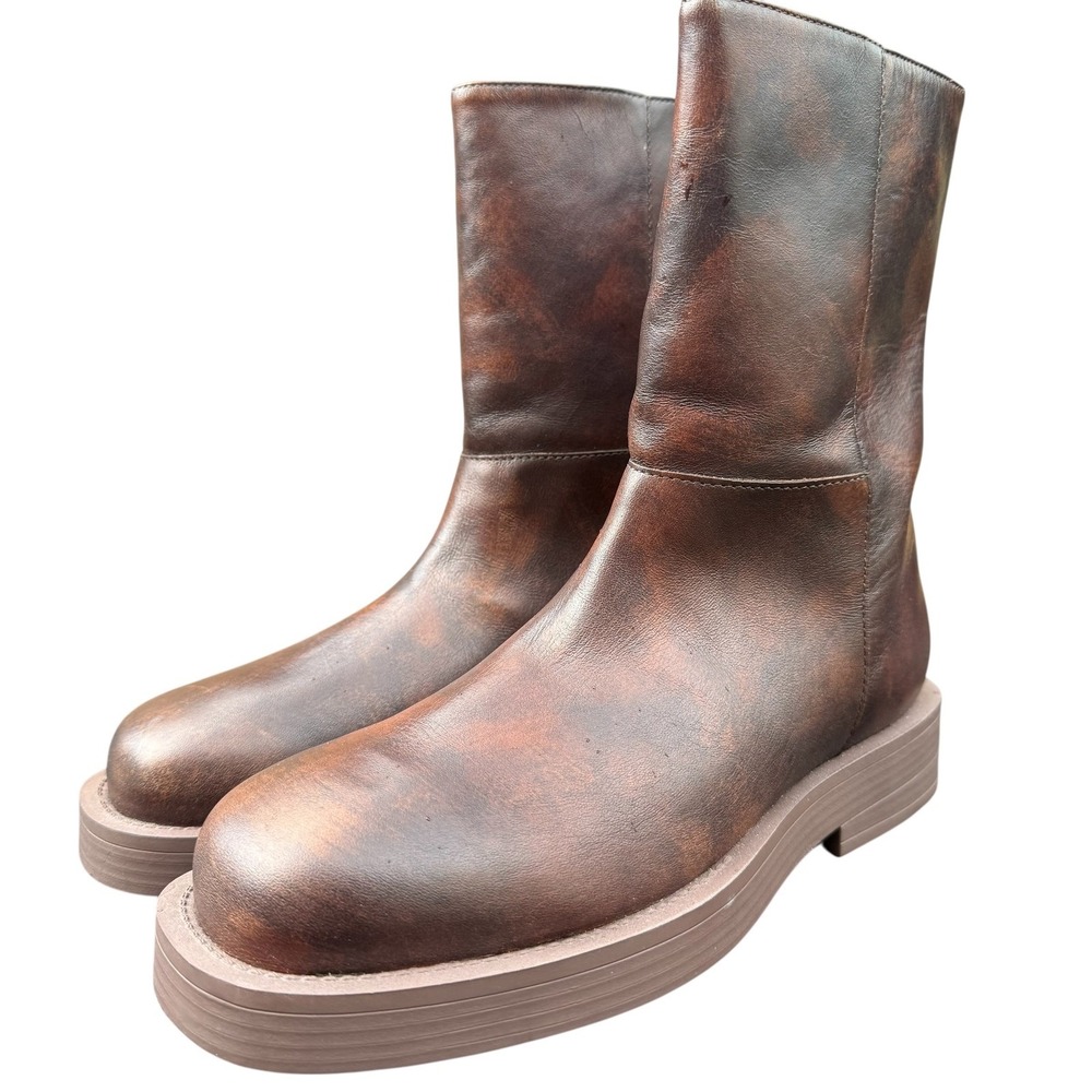 Schutz Jamie Leather Ankle Bootie Brown Size 7 US Slip-On Block Heel Boot